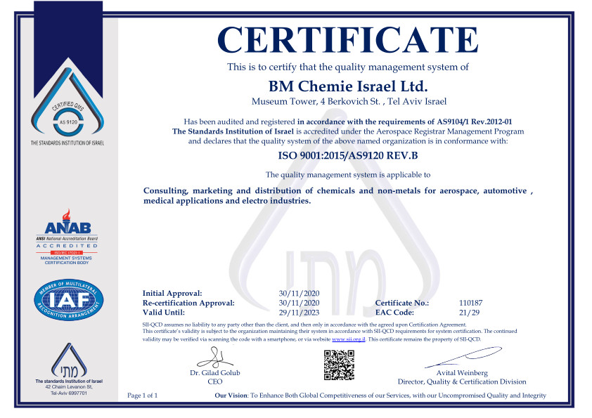 ISO 9001: 2015 AS9120 Isreal